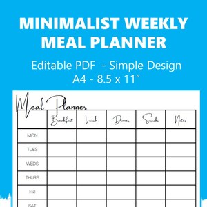Minimalist Weekly Meal Planner - Printable - Instant Download - Etsy