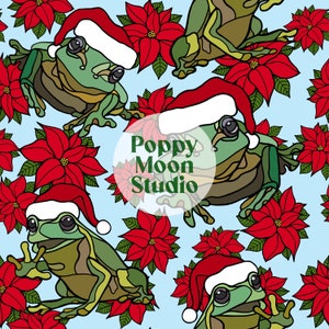 Santa Frogs Poinsettias Christmas Seamless Repeat Pattern