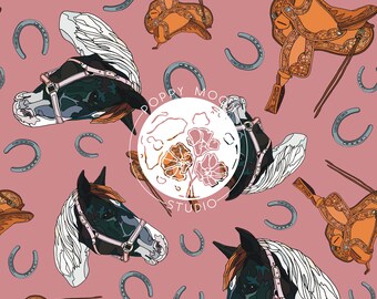 May include: A seamless pattern featuring horses, saddles, and horseshoes on a pink background. The pattern includes a logo for Poppy Moon Studio.