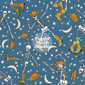 Dancing Cowboy Skeletons Hand Drawn Seamless Repeat Pattern Western