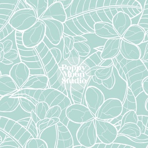 May include: A seamless pattern featuring white outline illustrations of tropical flowers and leaves on a light blue background. The text "Poppy Moon Studio" is visible in the center of the design.