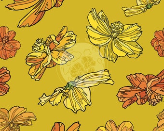 Cosmos Bloemen Naadloze Patroon / Mosterd Gele Bloemen Digitale Hand Getrokken