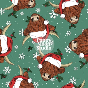 May include: A seamless pattern featuring a festive design of Highland cows wearing Santa hats on a green background with snowflakes and holly.