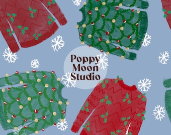 Puede incluir: Un patrón sin costuras con suéteres navideños rojos y verdes con acebo y luces sobre un fondo azul claro con copos de nieve blancos. El texto "Poppy Moon Studio" está en el centro del patrón.