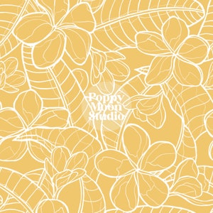 May include: A seamless pattern featuring white outline illustrations of tropical flowers and leaves on a yellow background. The text "Poppy Moon Studio" is in a circle in the center of the design.