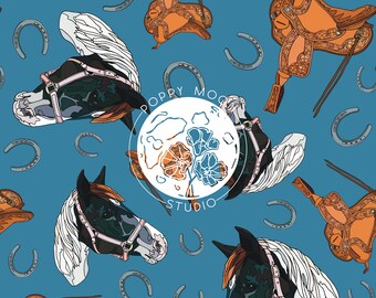 May include: A seamless pattern featuring a blue background with horses, saddles, and horseshoes. The pattern includes the text "Poppy Moon Studio".