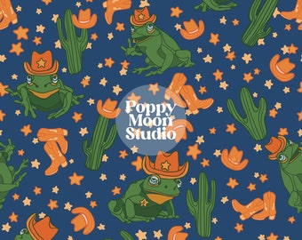 Cowboy Frogs Hand Drawn Seamless Repeat Pattern Western