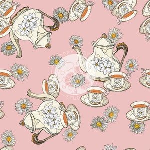 May include: A seamless pattern featuring a white teapot, teacups, and daisies on a pink background. The teapot and teacups are decorated with white daisies. The pattern is perfect for fabric, wallpaper, or wrapping paper.