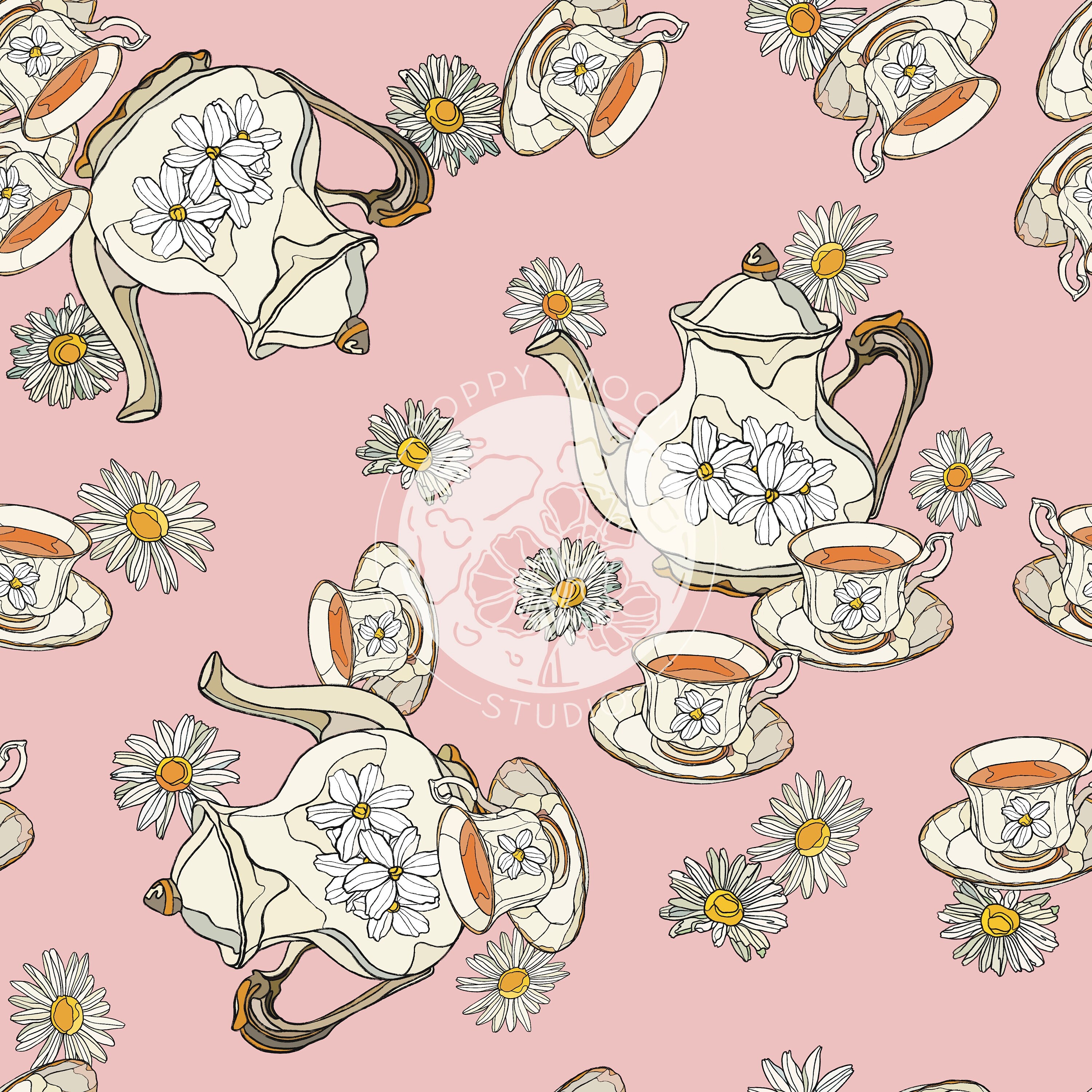 Tea Time Seamless Repeat Pattern Pink With Coordinate / Hand Drawn Tea ...