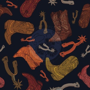 May include: A seamless pattern featuring cowboy boots and spurs in various colors, including brown, orange, red, and yellow. The background is a dark blue.