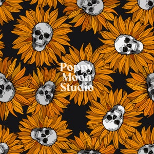 May include: A seamless pattern featuring black and white skulls surrounded by yellow sunflowers. The skulls have a detailed design and are placed in a repeating pattern.