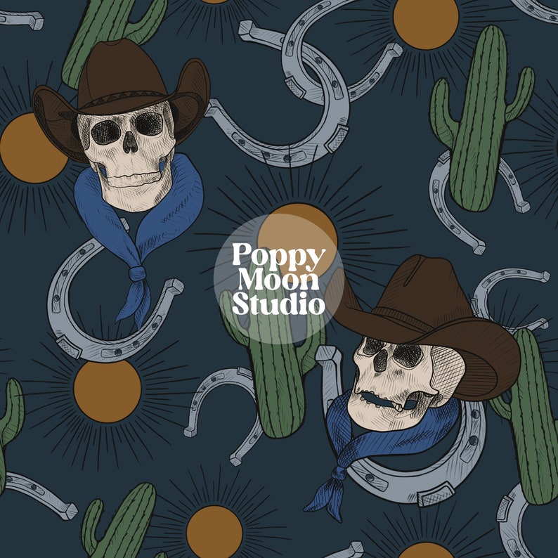 Desert Cowboy Seamless Repeat Pattern Hand Drawn Dark Blue - Etsy
