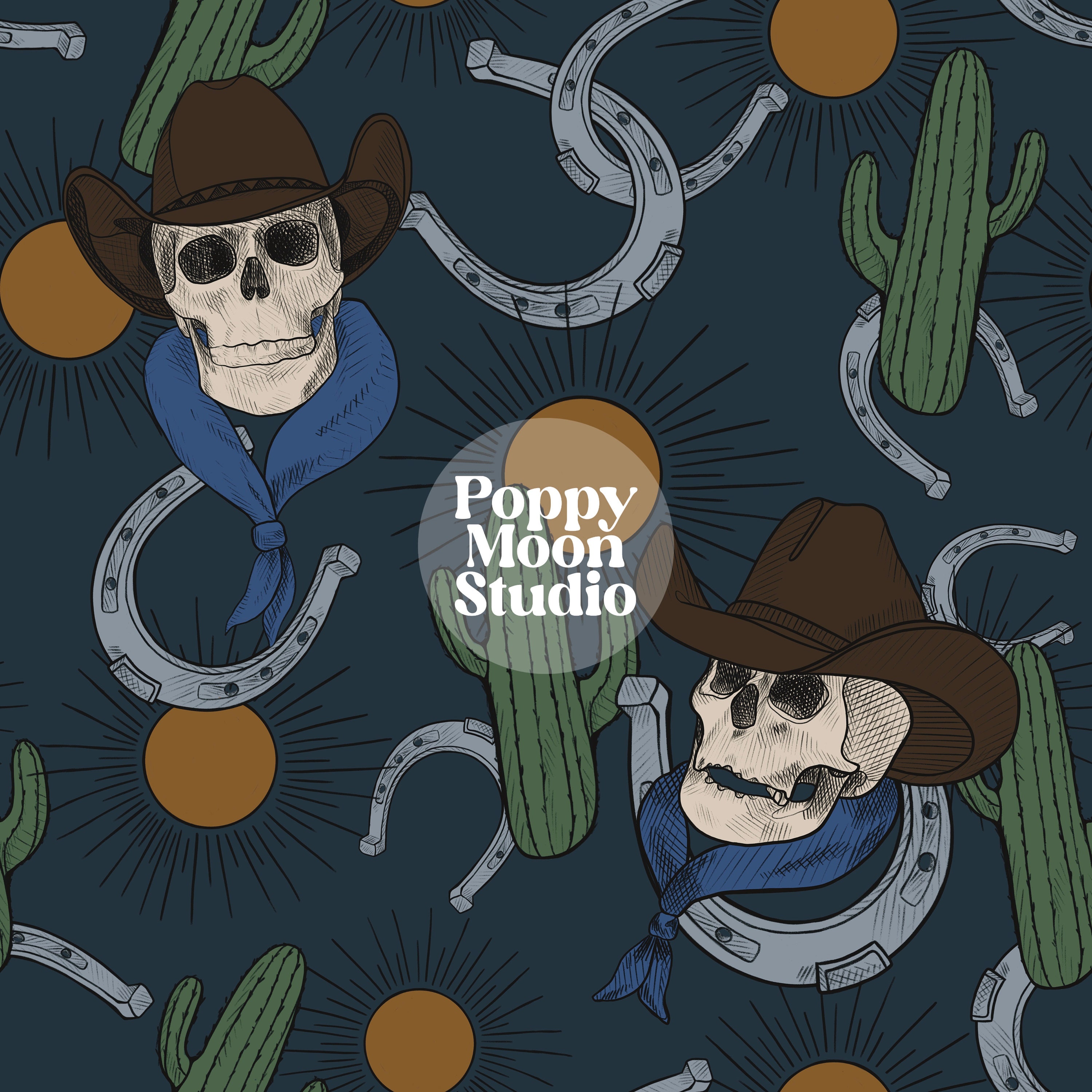 Desert Cowboy Seamless Repeat Pattern Hand Drawn Dark Blue - Etsy
