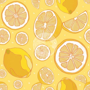 Lemon Seamless Pattern / Yellow Lemon Hand Drawn Digital Download