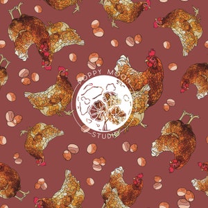 Peut inclure: Un motif sans couture représentant des poulets bruns et des œufs sur un fond marron. Le motif comprend le texte "Poppy Moon Studio".
