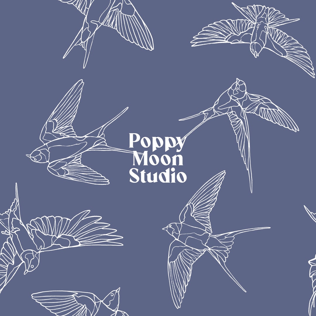 Barn Swallows Seamless Repeat Pattern Blue / Hand Drawn Fabric Surface ...