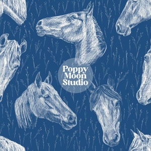 Horses and Hay Sketches Seamless Repeat Pattern Hand Drawn Western