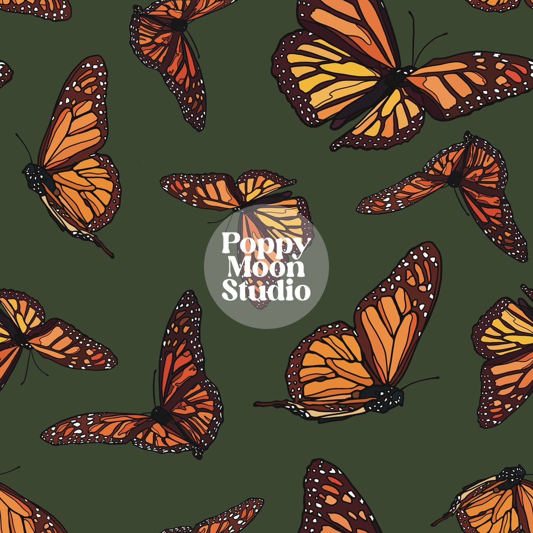Monarch Butterflies Seamless Repeat Pattern Green Hand Drawn - Etsy