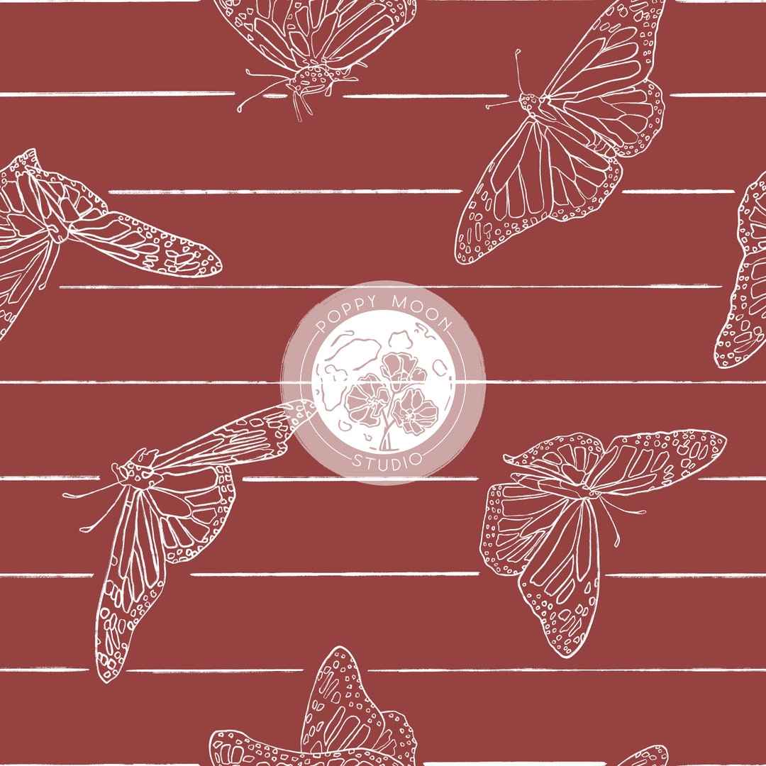 Monarch Butterfly Seamless Repeat Pattern Pink Stripes / Hand Drawn ...