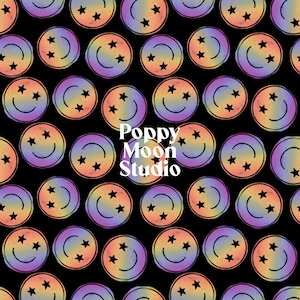 May include: A seamless pattern featuring a repeating design of rainbow-colored smiley faces with three stars on a black background. The text "Poppy Moon Studio" is centered in the pattern.
