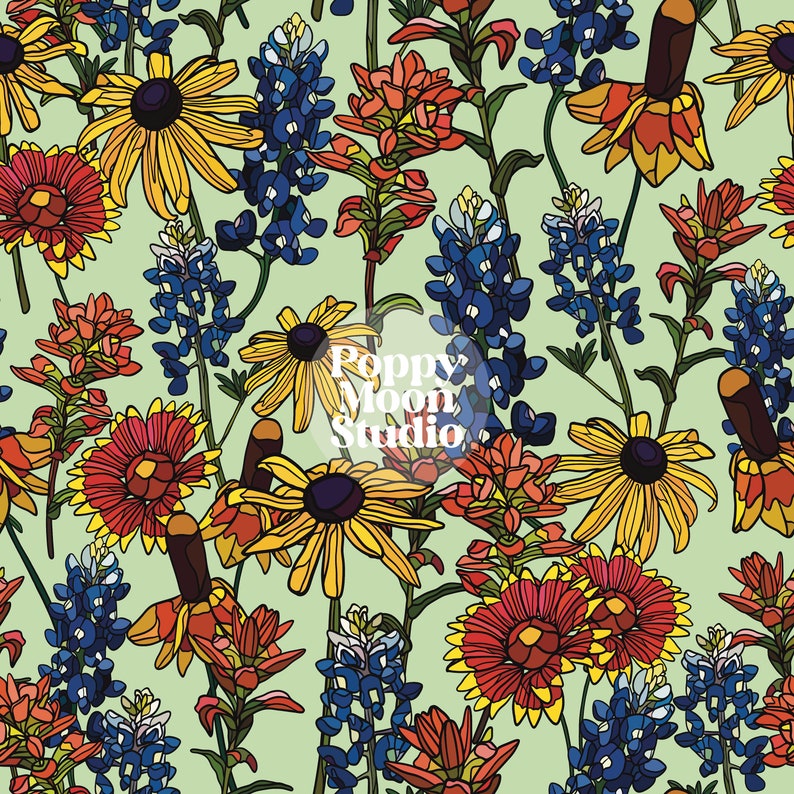 Bluebonnet Texas Wildflowers Seamless Repeat Pattern Hand Drawn - Etsy