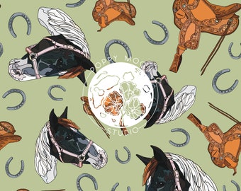 May include: A seamless pattern featuring a black and white horse head with a pink halter, a brown leather saddle, and silver horseshoes on a light green background. The pattern also includes the text "Poppy Moon Studio".