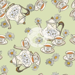 Tea Time Seamless Repeat Pattern Green with Coordinate/ Hand Drawn Kids Digital Download