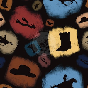 Cowboys silhouetten naadloze patroon / rood blauw cowboylaarzen handgetekende digitale download