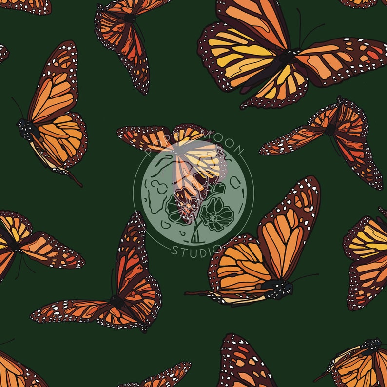 Monarch Butterfly Dark Green Seamless Pattern / Hand Drawn Digital ...