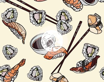 Könnte beinhalten: Ein nahtloses Muster mit verschiedenen Sushi-Rollen, Essstäbchen und Sojasaucen-Schalen. Die Sushi-Rollen sind im Cartoon-Stil mit verschiedenen Füllungen dargestellt, darunter Garnelen, Avocado und Gurke. Die Essstäbchen sind braun mit weißen Blumenmustern. Die Sojasaucen-Schalen sind weiß mit braunem Rand und mit dunkelbrauner Sojasauce gefüllt.