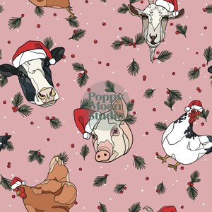 May include: A seamless pattern featuring a pink background with white snowflakes, red berries, and green pine branches. The pattern includes a cow, pig, goat, and two chickens wearing Santa hats.