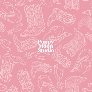 May include: A seamless pattern featuring white line drawings of cowboy boots, hats, and spurs on a pink background. The text "Poppy Moon Studio" is centred in the pattern.