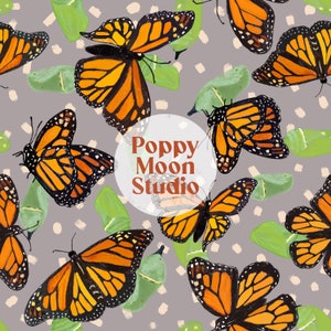 Monarch Butterflies Chrysalis’ Seamless Repeat Pattern Hand Drawn Fabric Design