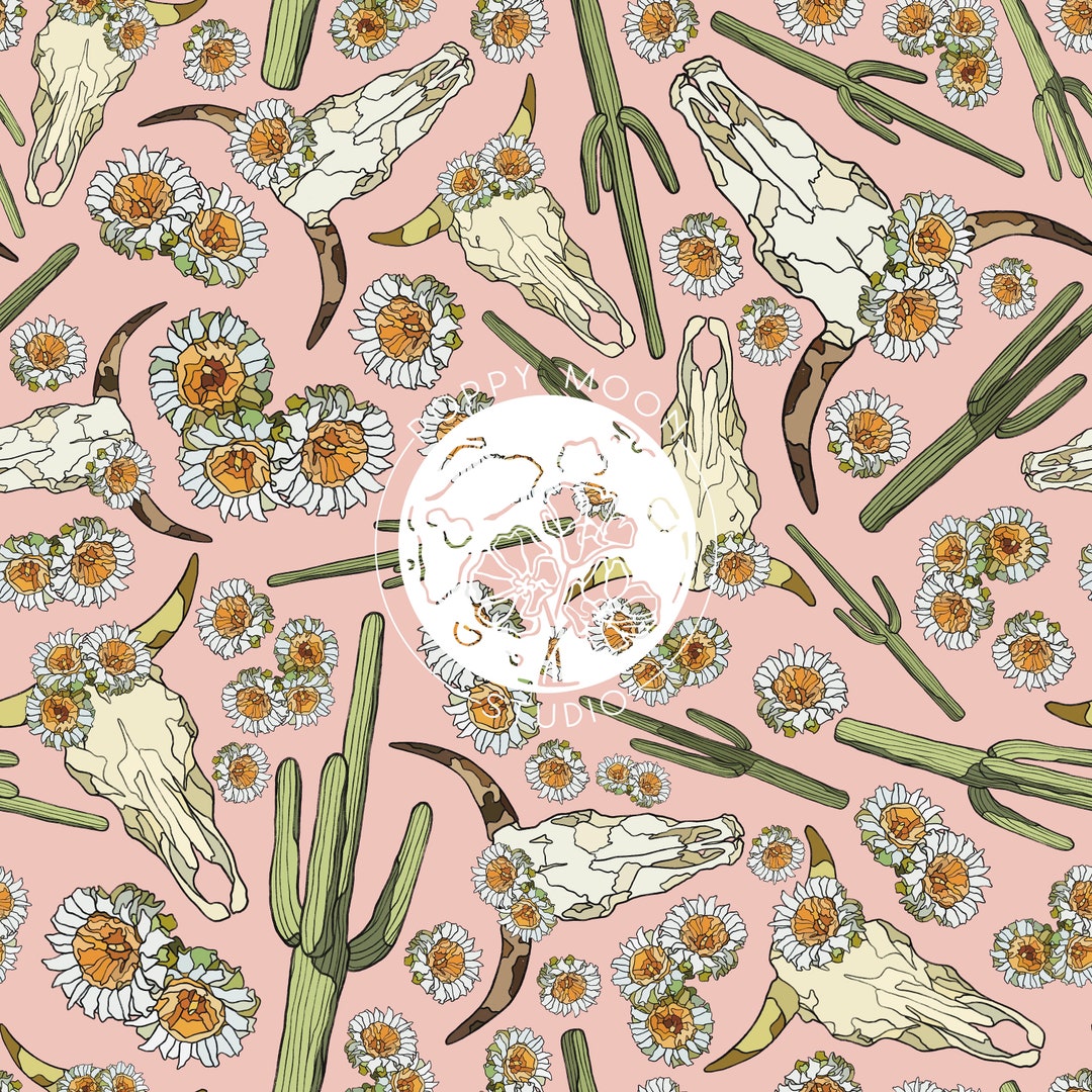 Cactus Flower Cow Skull Pink Seamless Repeat Pattern / Hand Drawn Kids ...