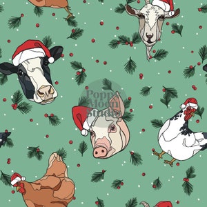 Christmas on the Farm Seamless Repeat Pattern Farm Animals Hand Drawn