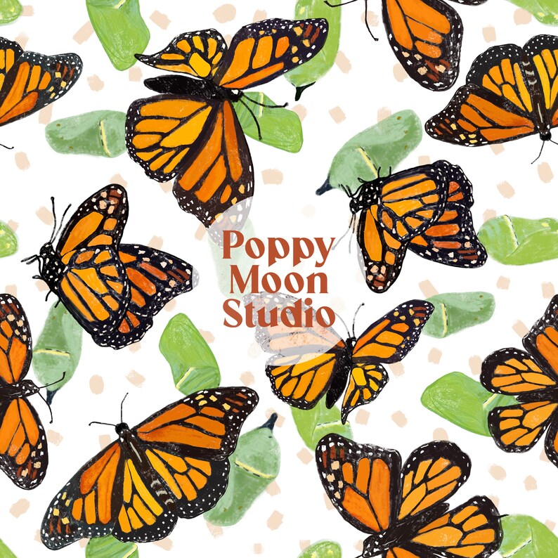 Monarch Butterflies Chrysalis Seamless Repeat Pattern Hand Drawn - Etsy