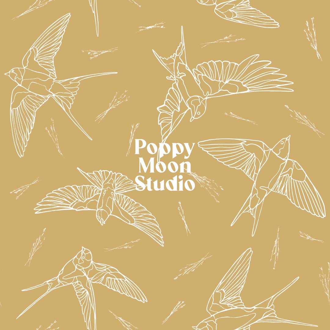 Barn Swallows Seamless Repeat Pattern Yellow / Hand Drawn Birds Fabric ...