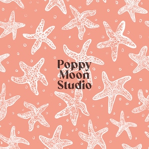 May include: A seamless pattern featuring white starfish on a light pink background. The text "Poppy Moon Studio" is centered in the image.