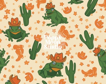 Cowboy Frogs Seamless Repeat Pattern Western Fabric Design