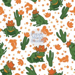 May include: A seamless pattern featuring green frogs wearing cowboy hats, cacti, and stars on a white background. The pattern is perfect for fabric, wallpaper, or wrapping paper.