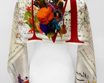 Pañuelo de seda de Mozart, flores de Edelweiss de Viena, diseño de partituras musicales