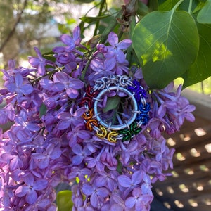 May include: A silver metal ring with a rainbow of coloured metal rings around the bottom half. The ring is set against a backdrop of purple lilac flowers and green leaves.