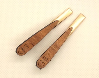 Set of 2 small heart etched cherry wood laminate hair clips