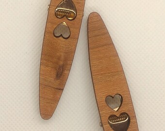 Set of 2 heart cut out cherry wood laminate hair clips