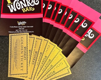 10x Willy Wonka Chocolate Bar Wrapper + 10 Shiny Carded Golden Ticket Magical Gift 1971 Original