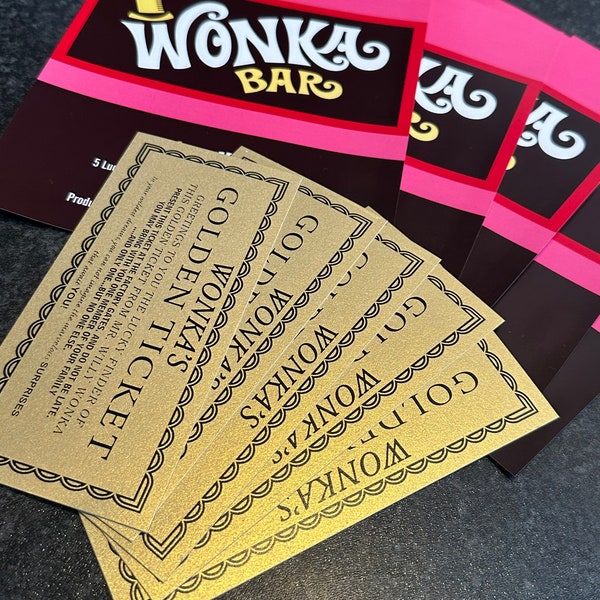 5x Willy Wonka Chocolate Bar Wrapper +5 Shiny Carded Golden Tickets - Magical Gift 1971 Original