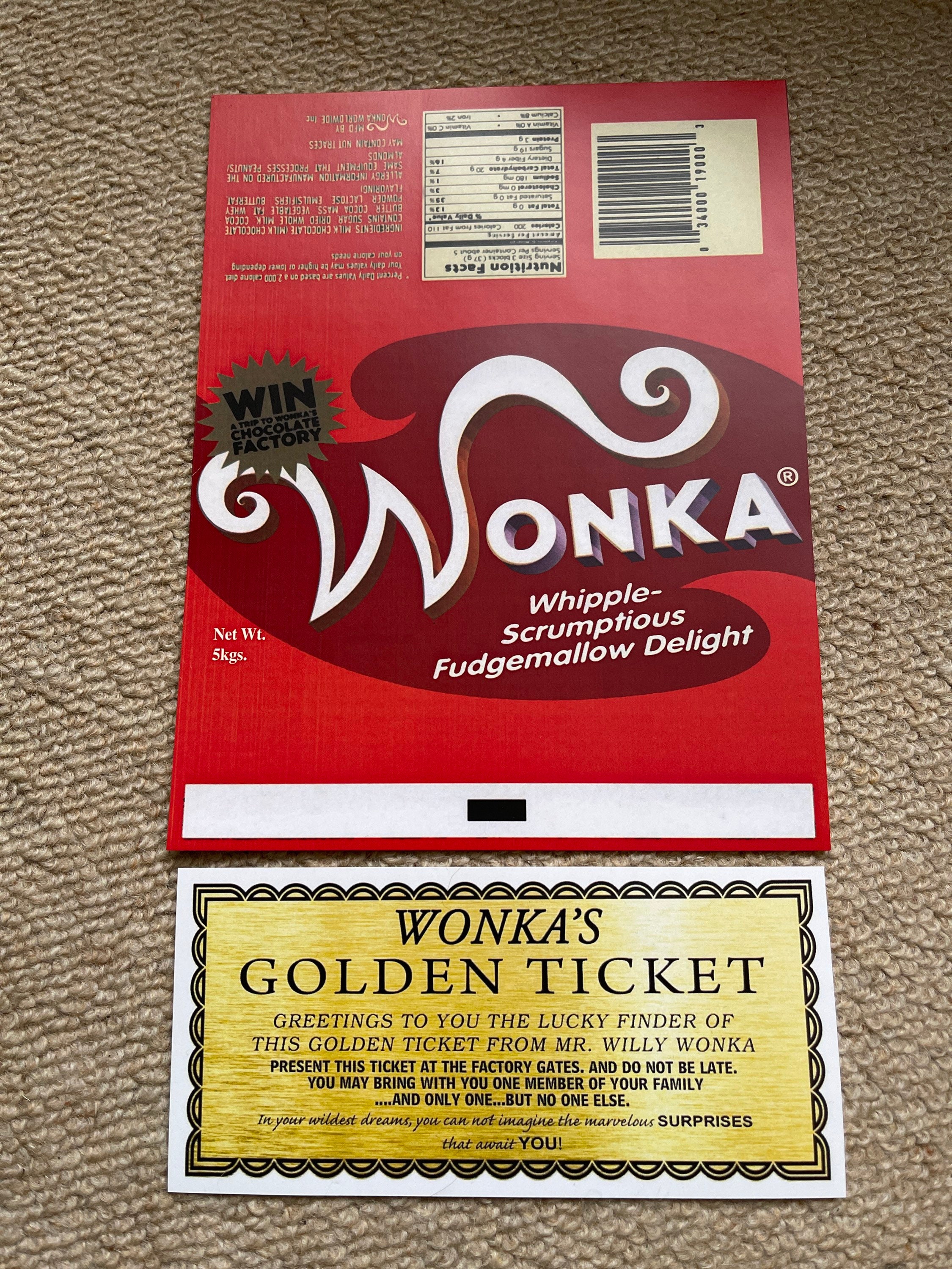 1 Willy Wonka Chocolate Bar Wrapper +1 Golden Ticket Magical Gift 2005 Red