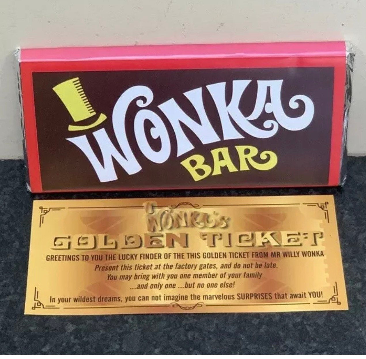 7 Ounce sized willy wonka chocolate bar wrapper and golden ticket (no  chocolate)