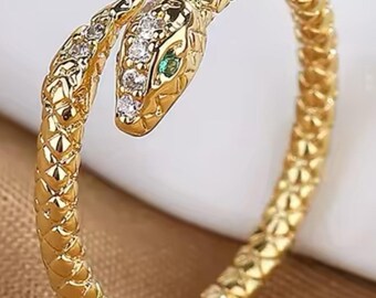 Stainless Steel Snake Ring Gold Color Open Adjustable Zircon .IA. Fashion Vintage Gothic Animal Shiny