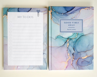 Hardcover Notizbuch und Block DIN A5 | Pastellfarben| To Do List |  Notizbuch | Marble Art | Good Vibes Only | Notebook | Plan your day